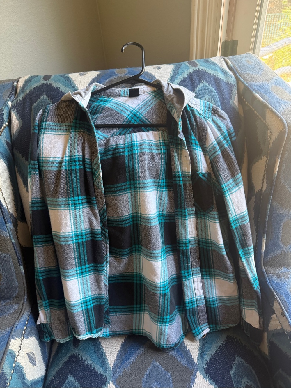 Empyre Teal, Gray & White Plaid Button-Down Hooded Shirt Jacket